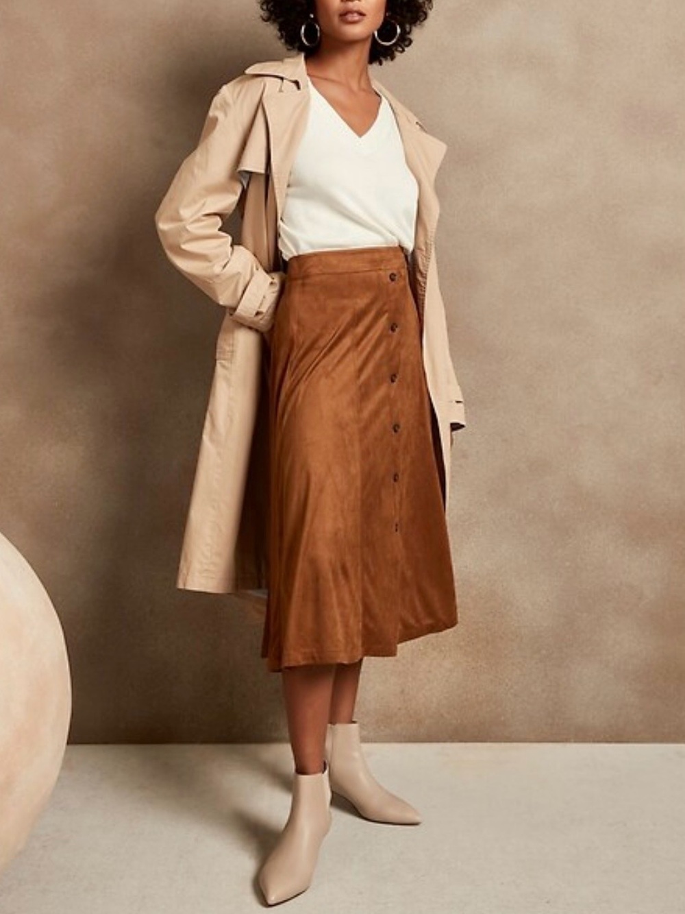 Banana Republic Vegan Suede Button-Front Midi Skirt Cognac Brown Size 20 Tall